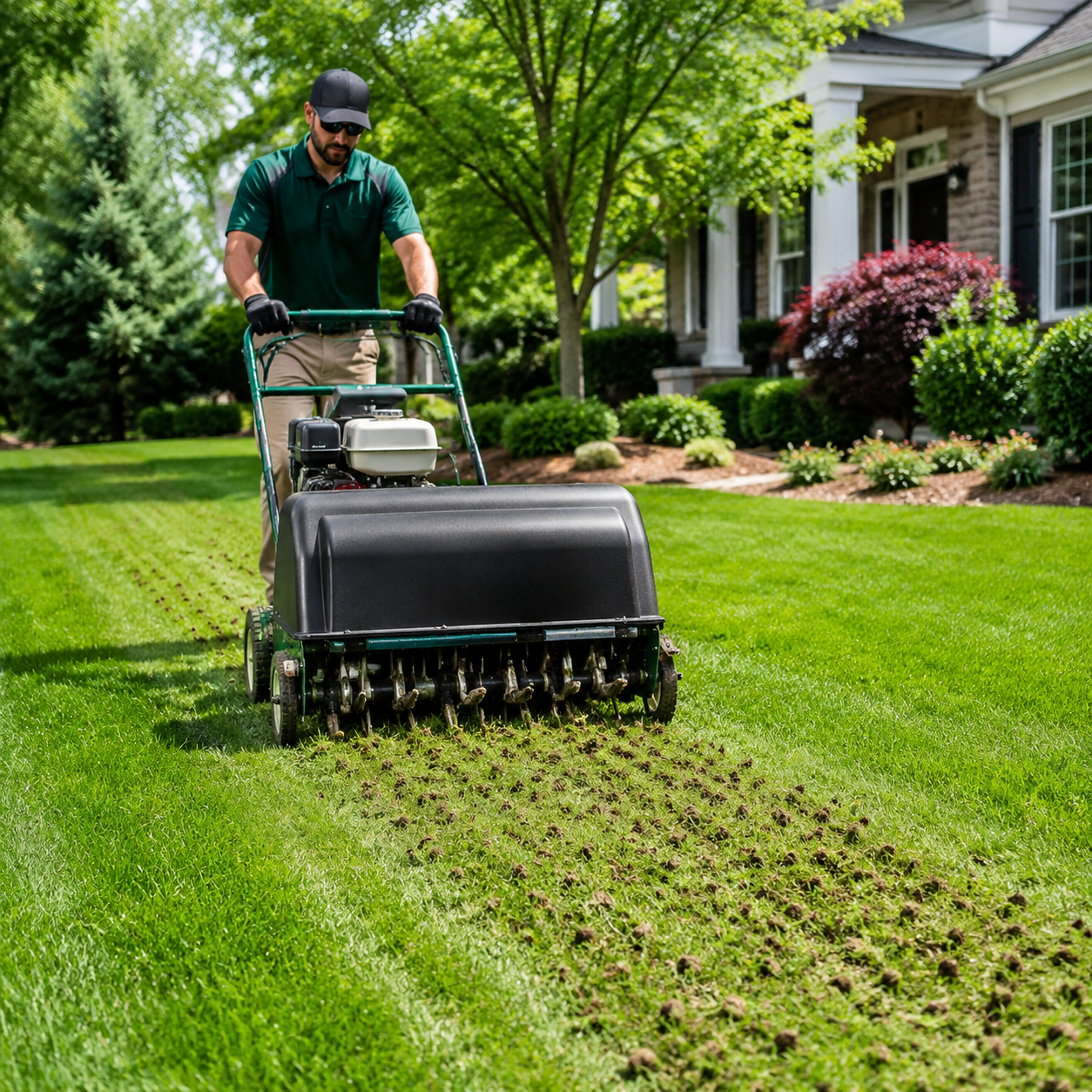 Professional lawn care technician aerating a residential lawn
